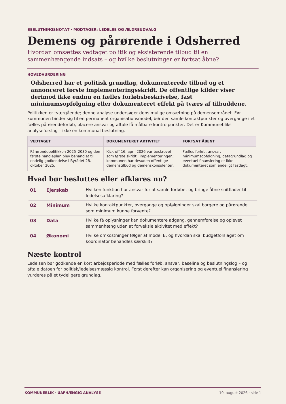 Første side af beslutningsnotatet om demens og pårørende
