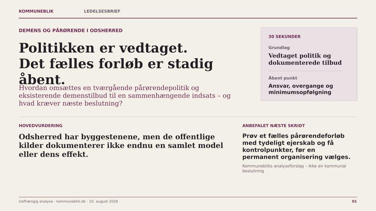 Første slide af ledelsesbriefet om demens og pårørende