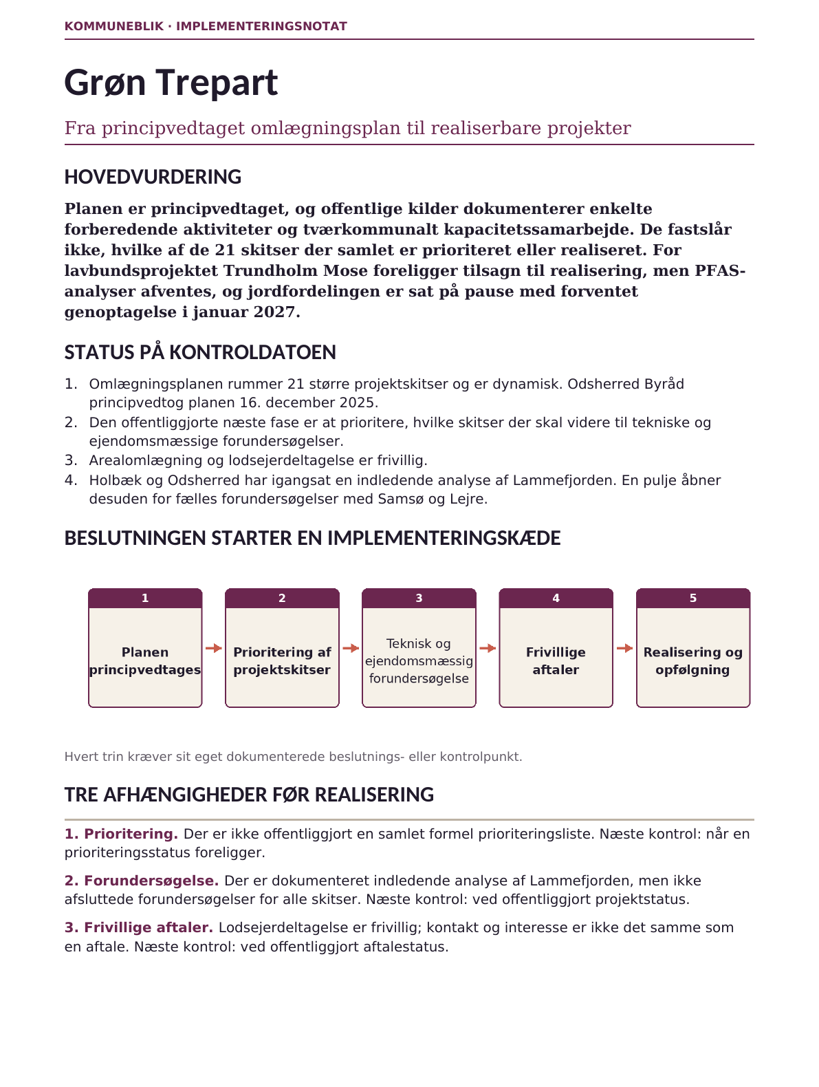 Første side af implementeringsnotatet for Grøn Trepart